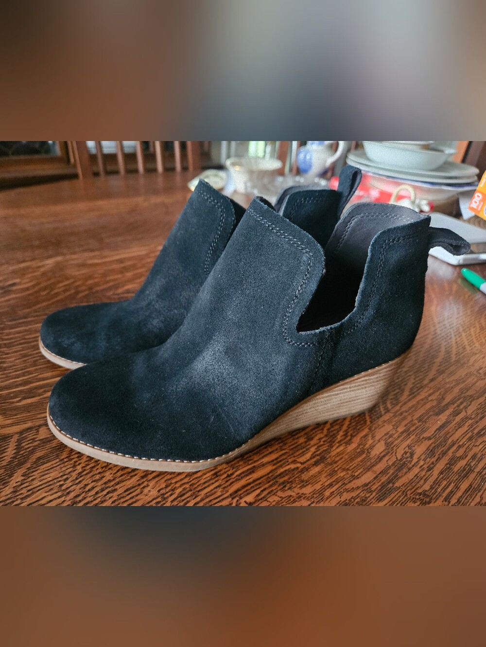 TOMS Kallie Black Suede Cutout Wedge Booties Size 7